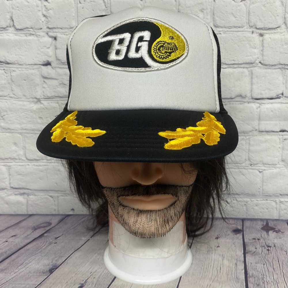 Vintage Hat Cap Snapback Black White Trucker Mesh Leaf Patch BG Gear Embroidered